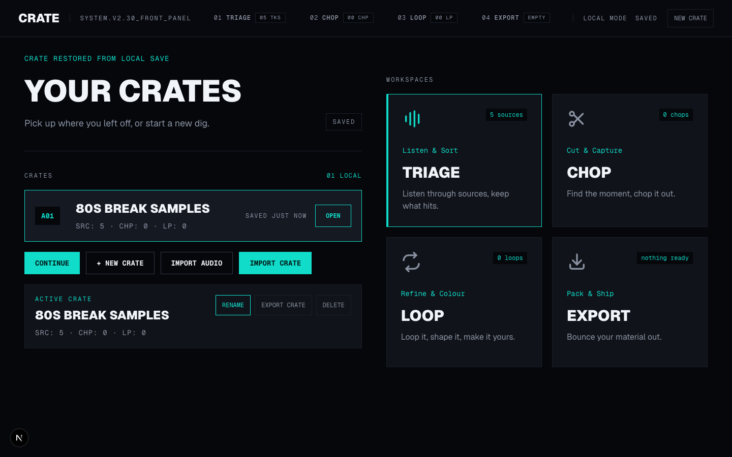 Crate home screen — crate list and workspace overview
