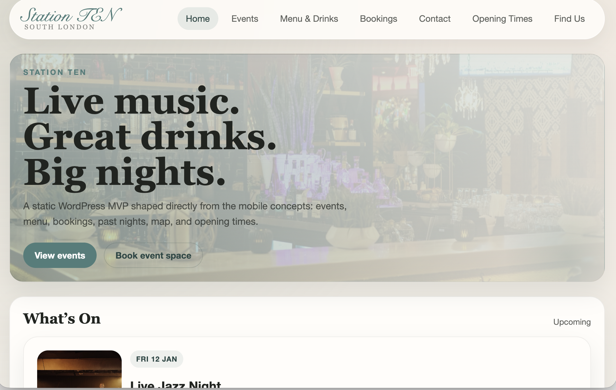 Station Ten — homepage hero and upcoming events listing