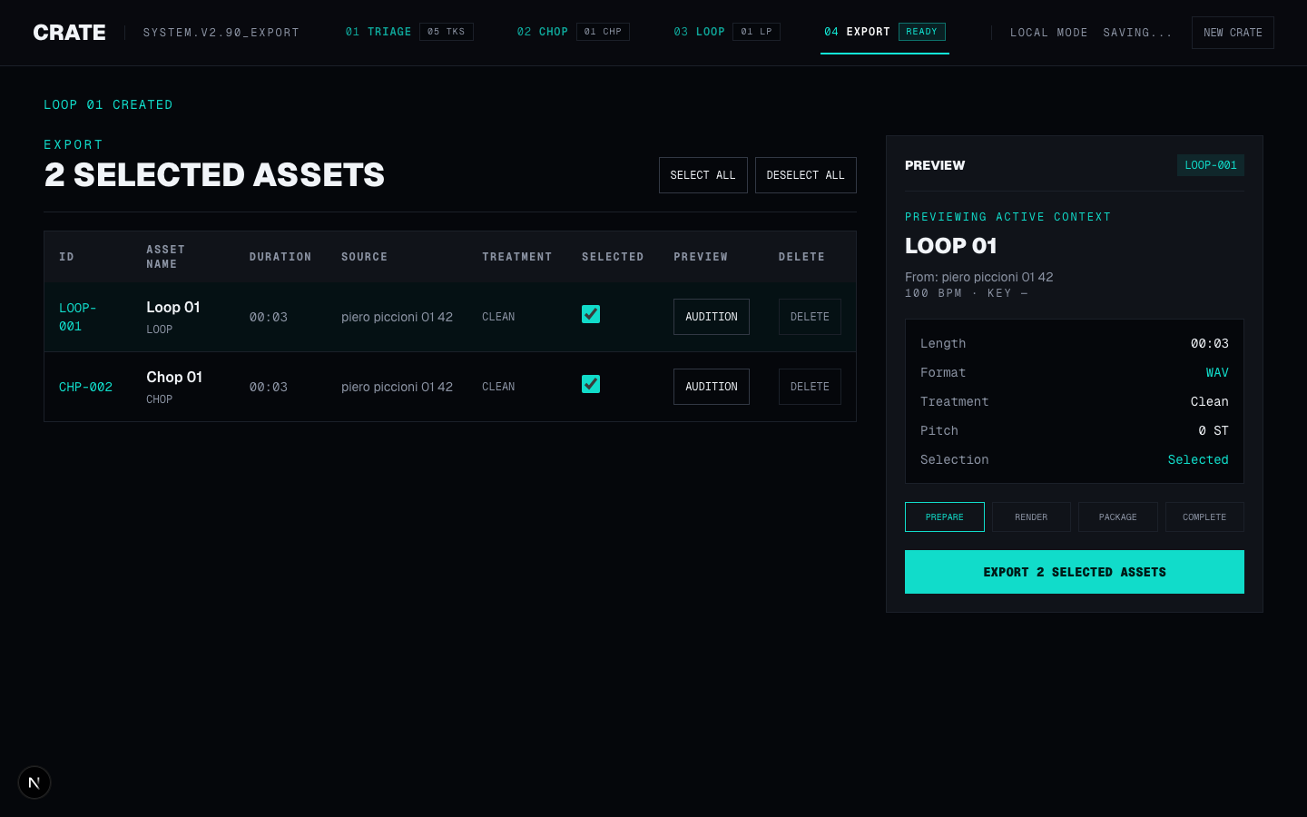 Crate Export — selected assets ready to render